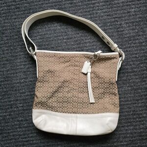 Y2K Coach Micro Signature Brown Canvas White Leather Trim Crossbody Shoulder Bag